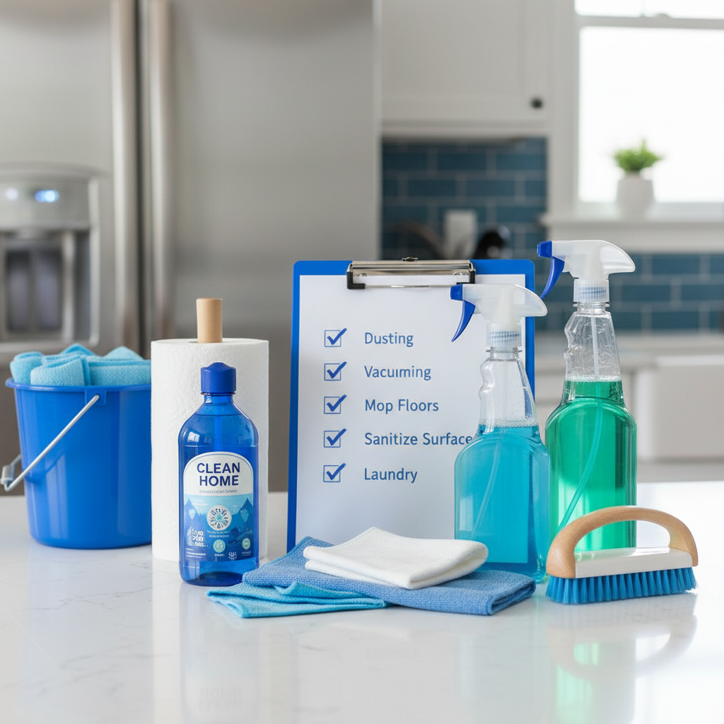 A neatly organized stack of cleaning supplies on a clean countertop, with a checklist prominently displayed