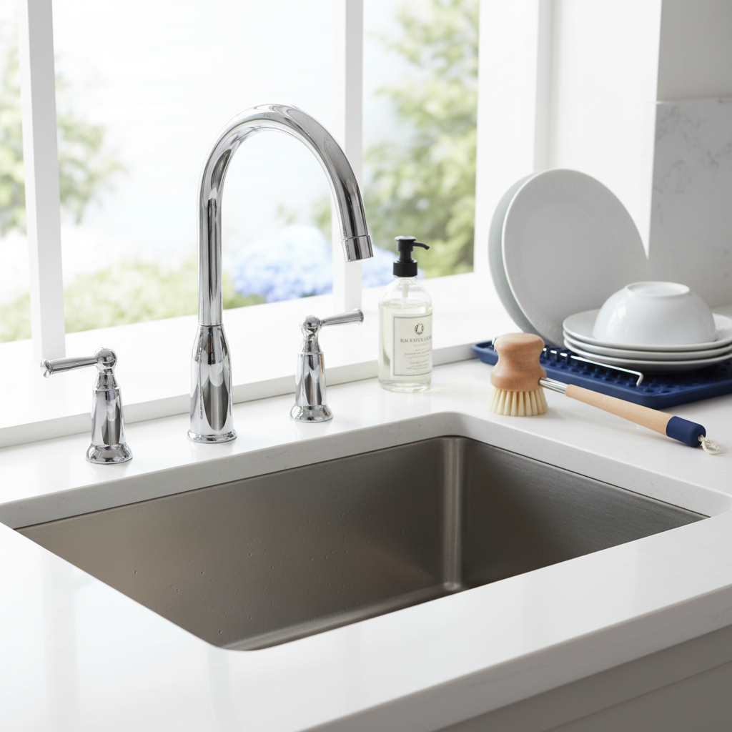 A sparkling clean kitchen sink with polished taps and a scrub brush sitting beside it