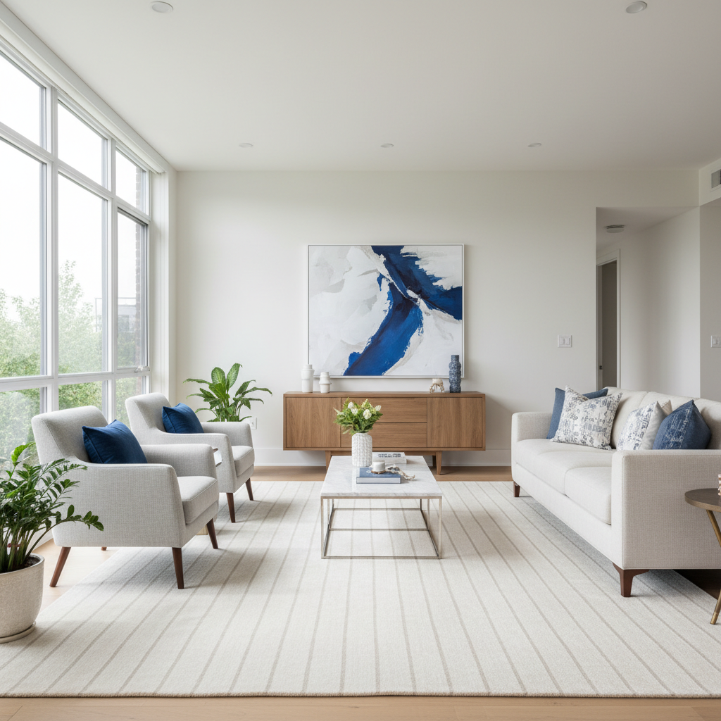 A bright, airy living room with a freshly vacuumed rug and dust-free surfaces, bathed in natural light