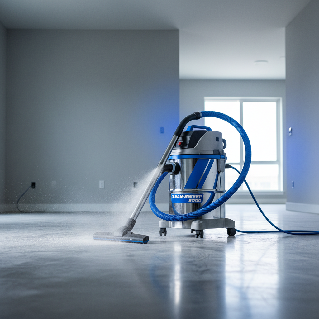 A professional cleaner in uniform using a high-powered vacuum cleaner in an empty apartment, symbolizing efficiency and 