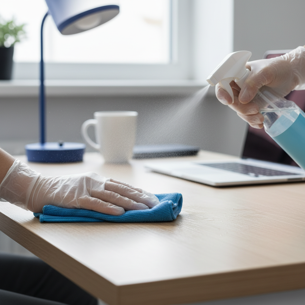 A person wiping a desk with a cloth and spray bottle in a modern office, emphasizing daily cleaning. Only hands and desk