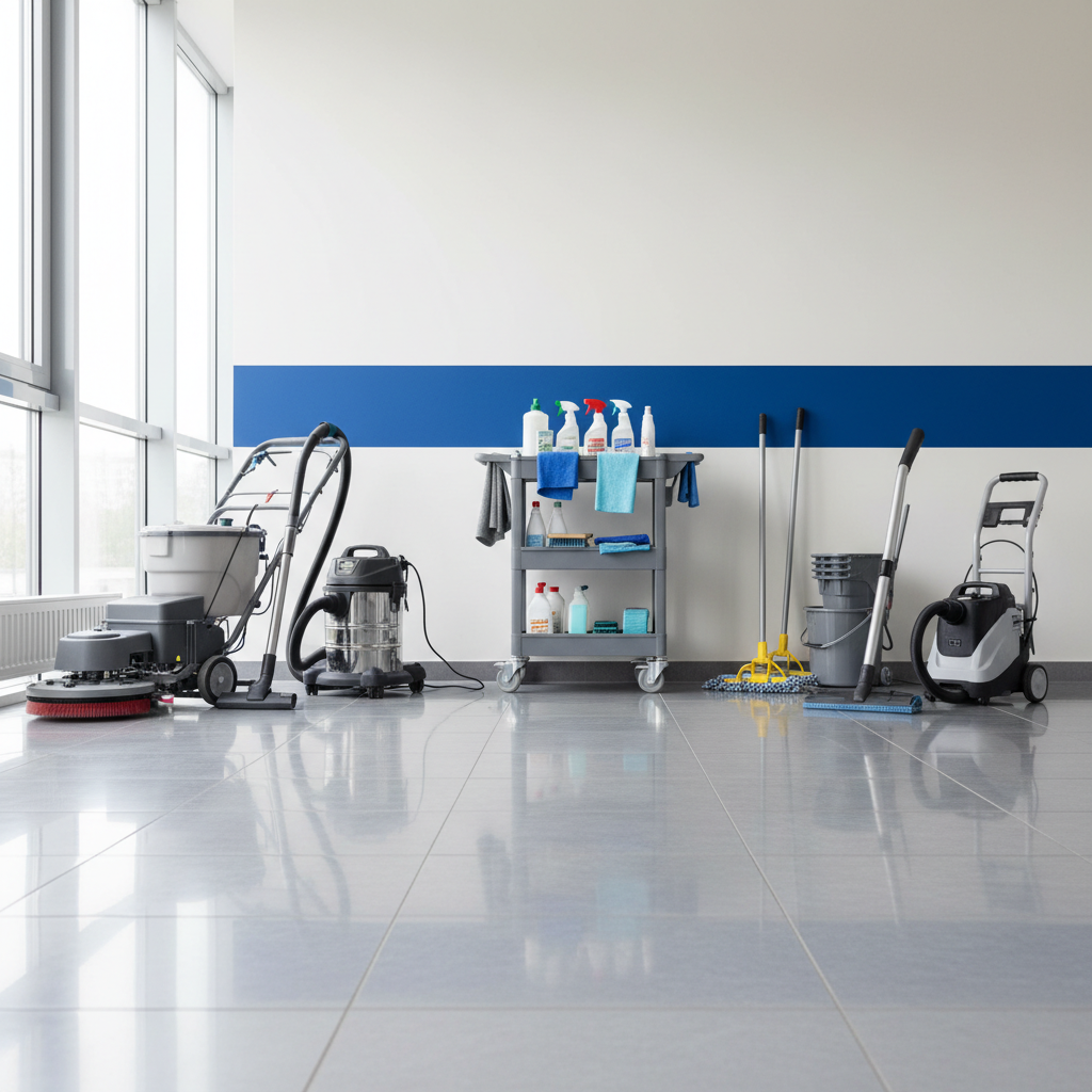 Professional cleaning equipment laid out neatly before use in a clean office corridor, emphasizing specialized tools. No