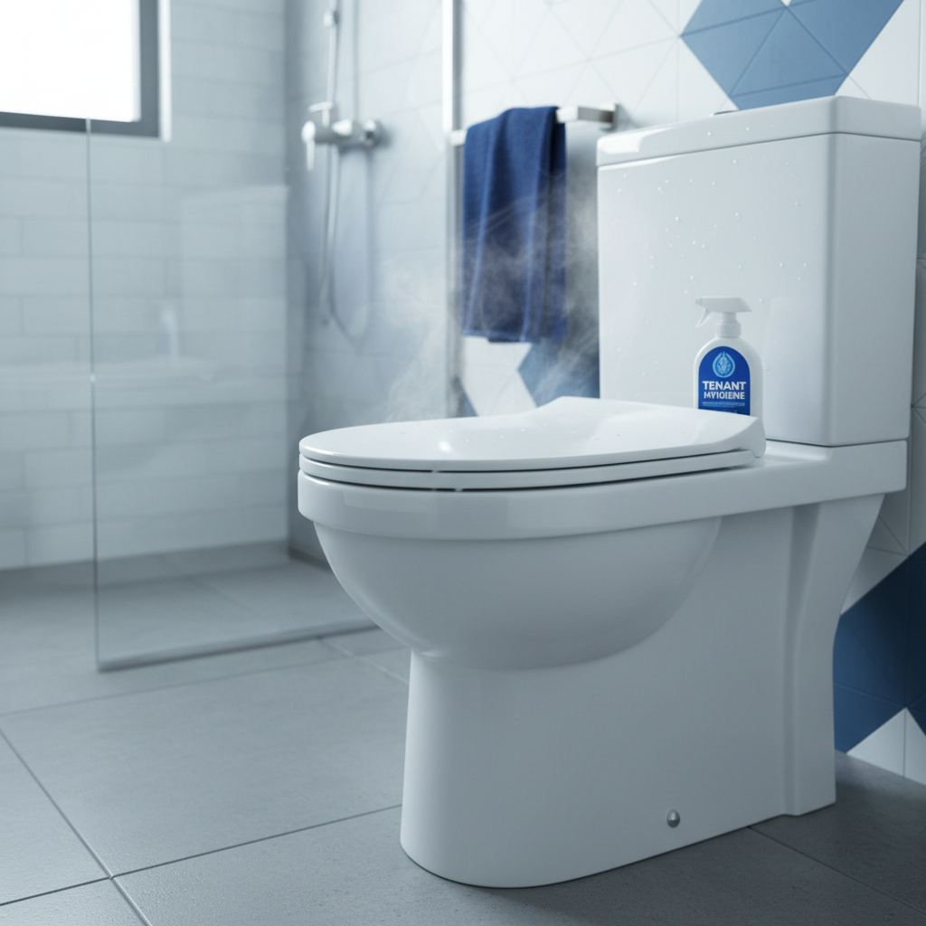 a close-up of a sparkling clean and disinfected toilet in a modern bathroom, reflecting the meticulous attention to hygi