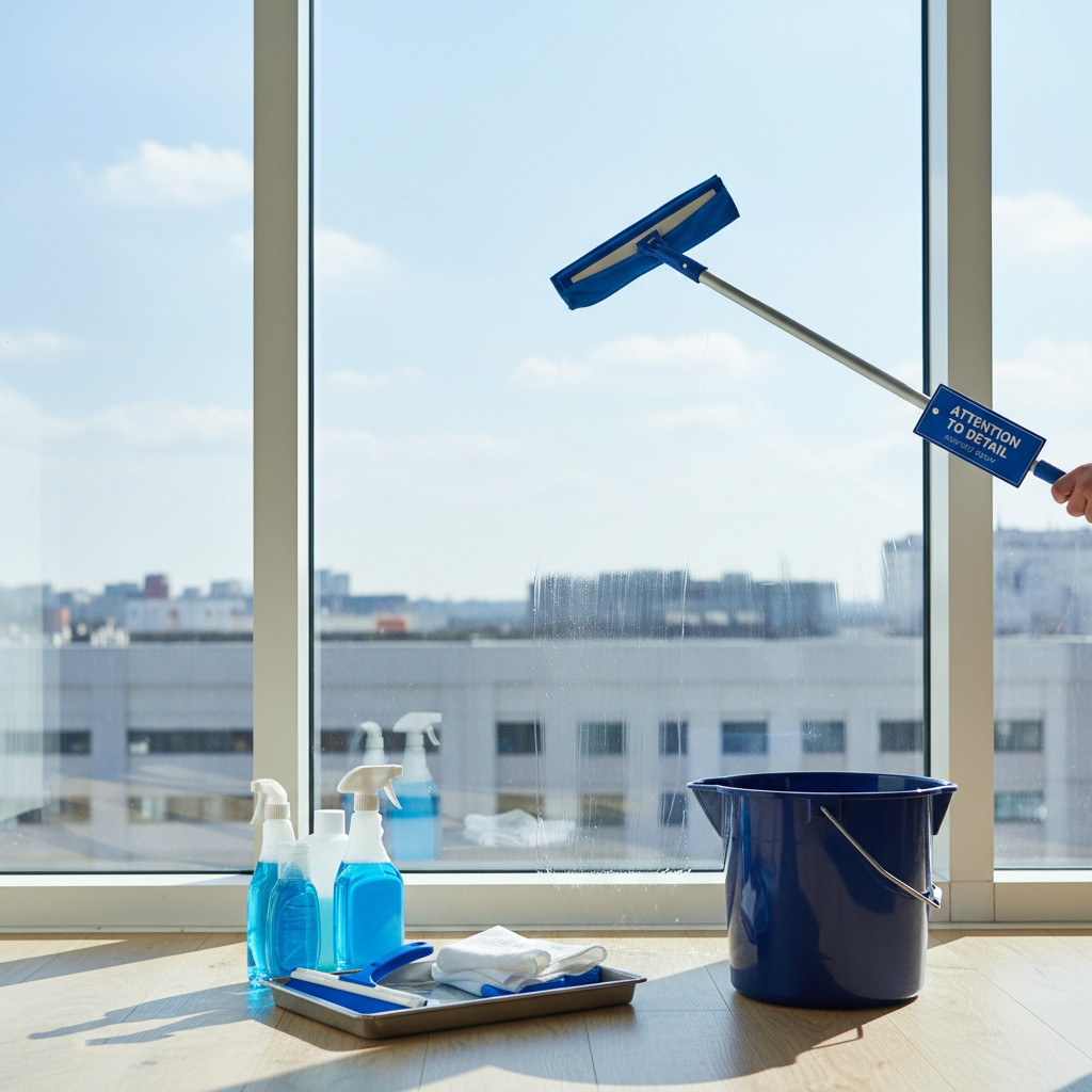 a diligent cleaner meticulously wiping down and polishing a large window, with crystal-clear results, symbolizing attent