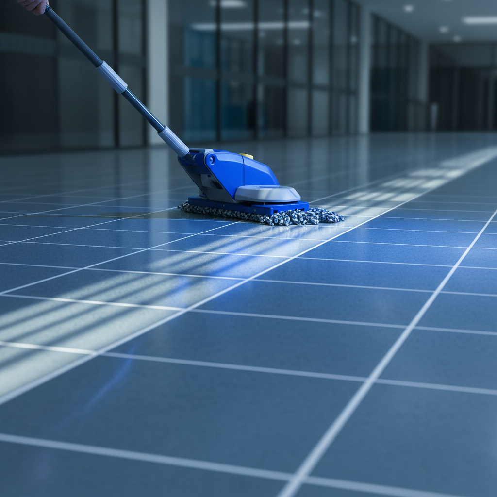 a professional cleaner using a specialized mop on a shiny tiled floor, creating streaks of clean, well-maintained grout 