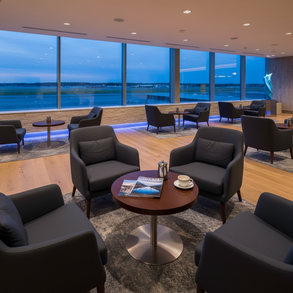 a tranquil airport lounge setting with plush armchairs, ambient lighting, and elegant decor, focusing on an empty coffee - airport lounge benefits