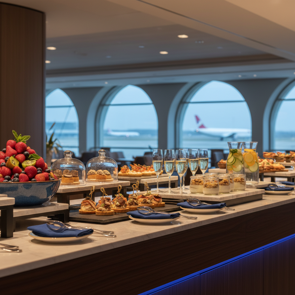 a sophisticated buffet spread inside an airport lounge, featuring gourmet snacks, fresh fruits, and elegant beverages, c - airport lounge benefits