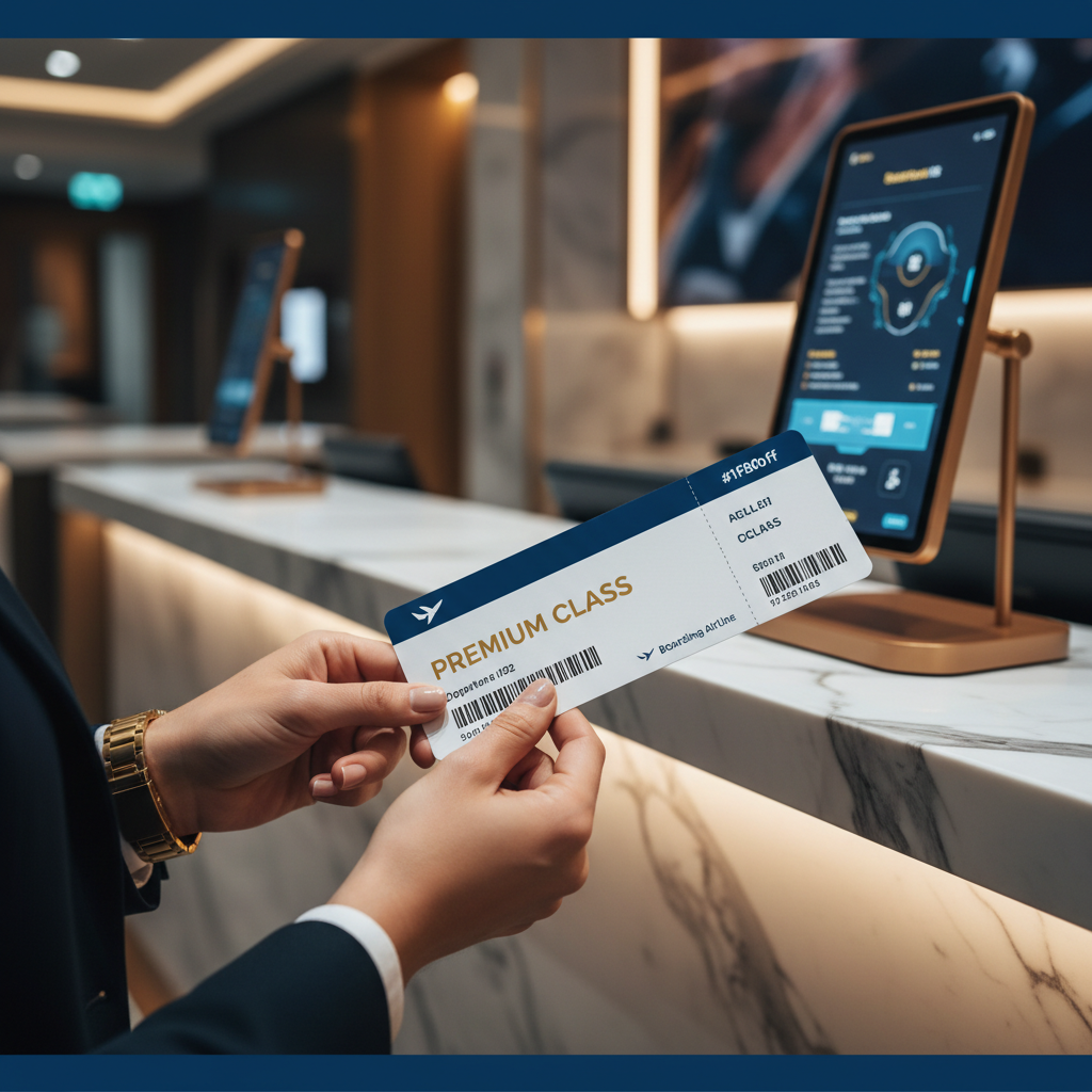 a person's hands holding a boarding pass with a premium class designation, with a blur of a luxurious check-in counter i - airport lounge benefits