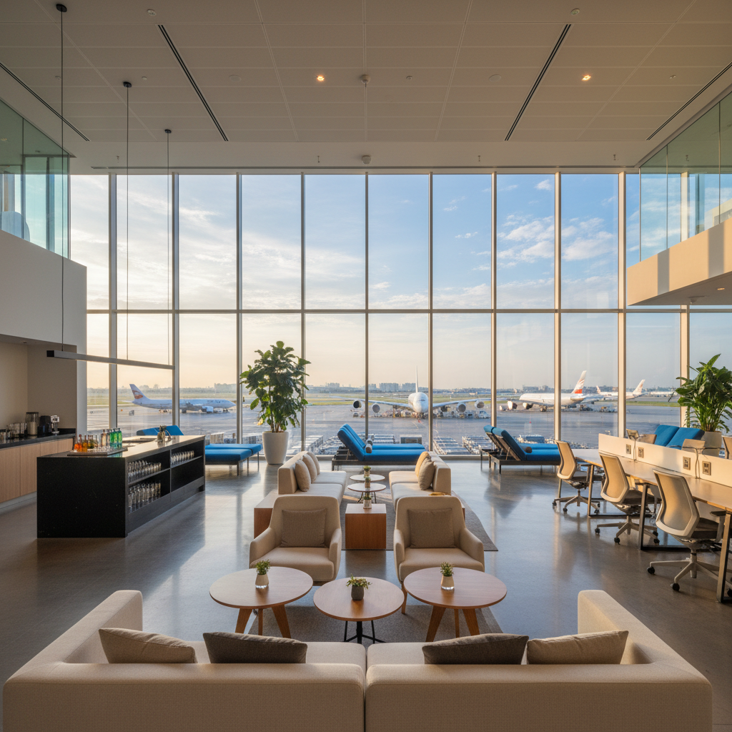 a modern, spacious airport lounge interior with natural light, showcasing comfortable seating arrangements and a view of - airport lounge benefits