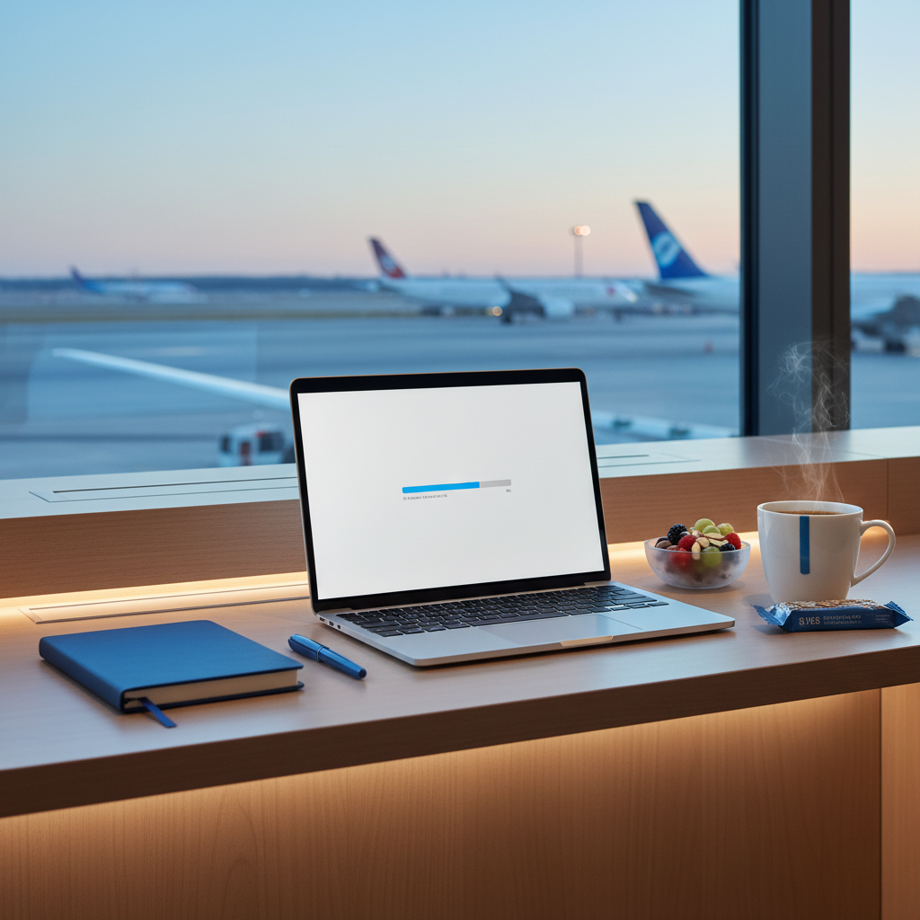 a minimalist and clean desk setup within an airport lounge, featuring a laptop, a hot cup of coffee, and some healthy sn - airport lounge benefits