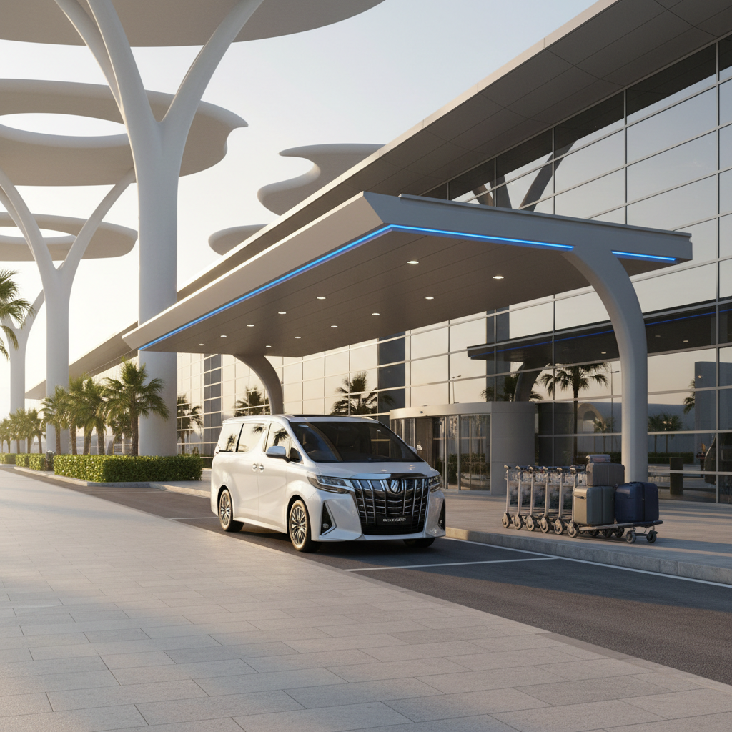 a luxurious white Alphard parked curbside at a modern airport terminal entrance, ready for passenger pickup, with no peo - airport lounge benefits