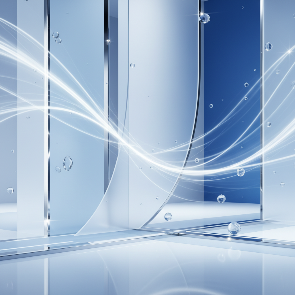 an abstract representation of sparkling clean surfaces and flowing, fresh air within a home, using soft blues, whites, a