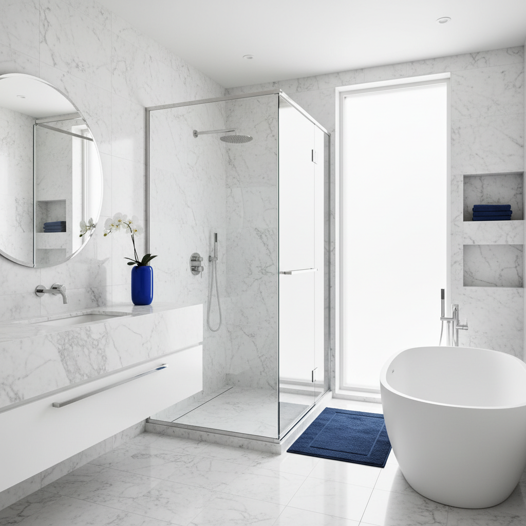 a sophisticated, minimalistic bathroom with gleaming white marble surfaces, polished chrome fixtures, and a glass shower