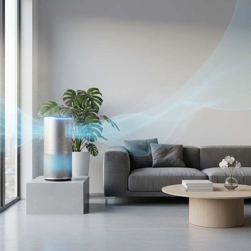 a sleek, modern air purifier unit with soft light emanating from it, placed in a tastefully decorated room, symbolizing 
