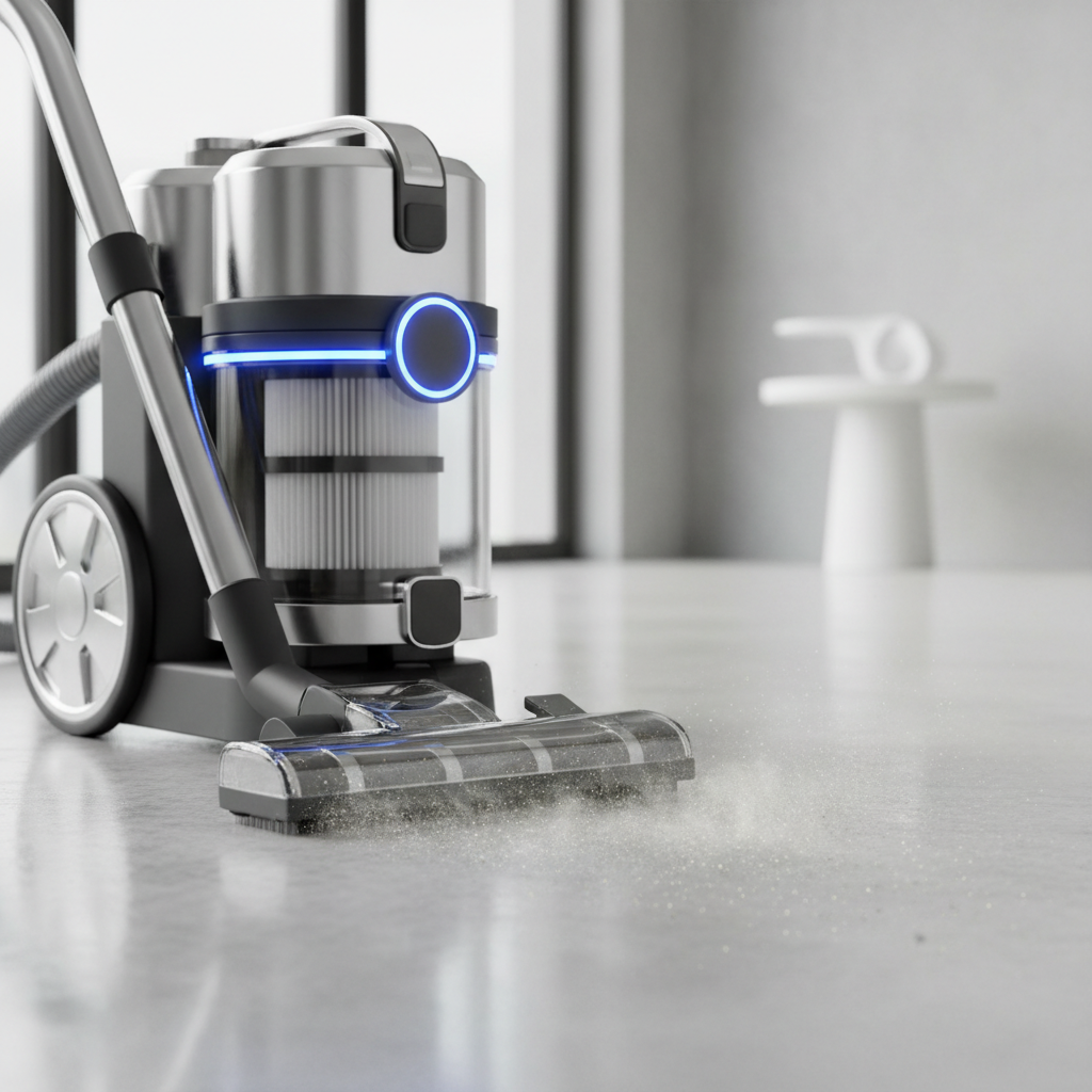 a close-up of a professional-grade vacuum cleaner with a HEPA filter, actively suctioning fine dust from a floor in a mo