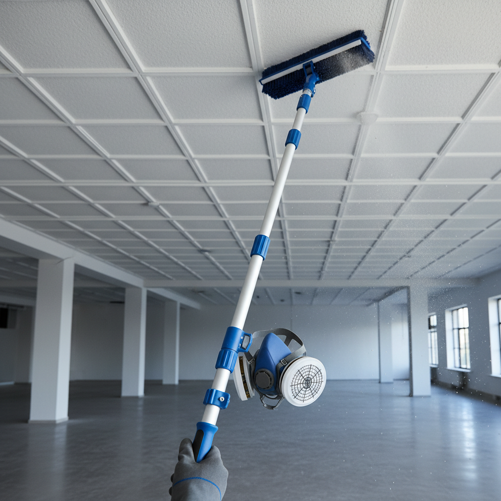 a professional cleaner with a specialized filter mask and gloves, using a long-handled dust removal tool to clean a high