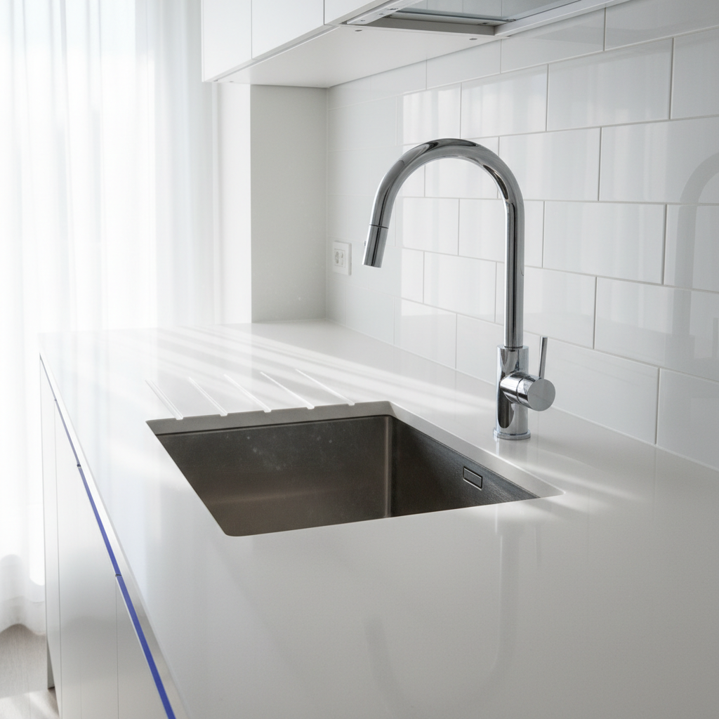 a sparkling clean, modern kitchen counter with a polished sink and gleaming faucet, sunlight reflecting off the spotless