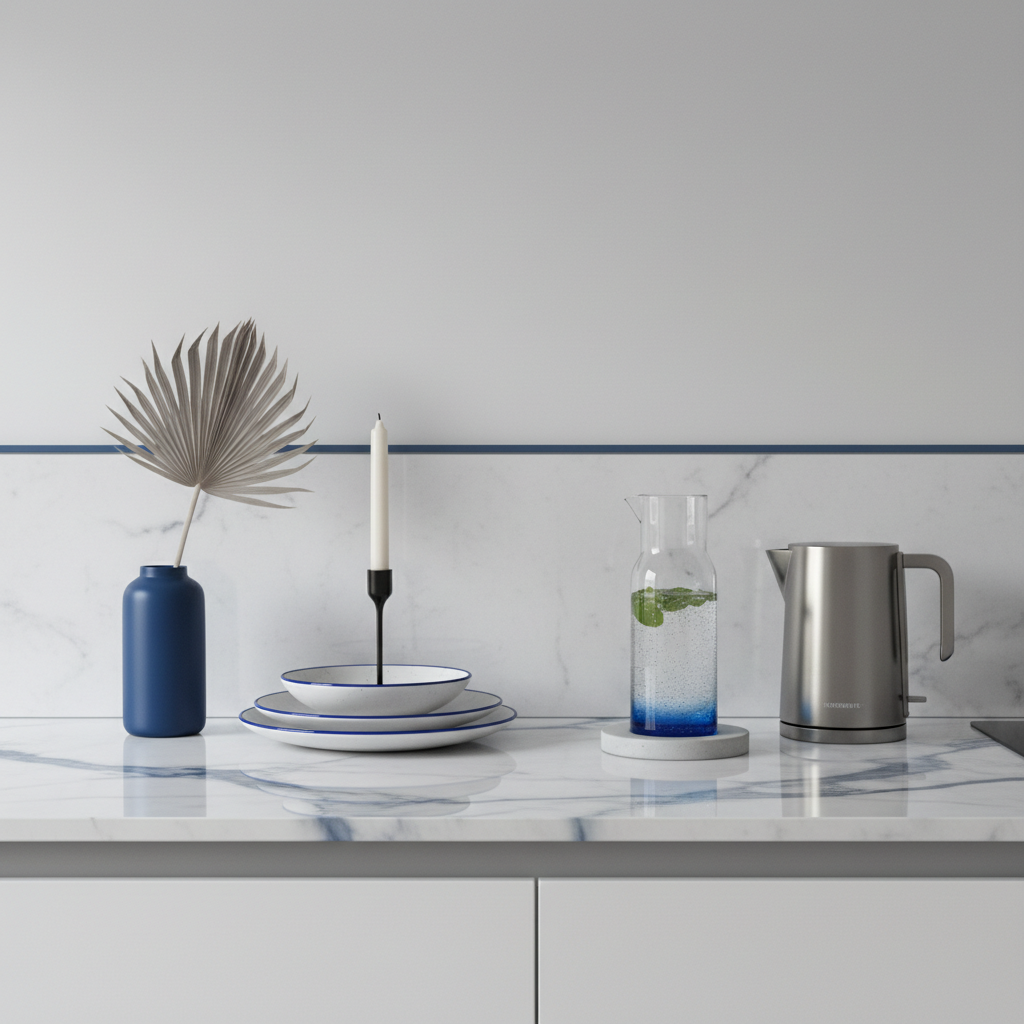 a clean, minimalist kitchen counter with a few artfully placed decorative items, sparkling reflective surfaces, suggesti