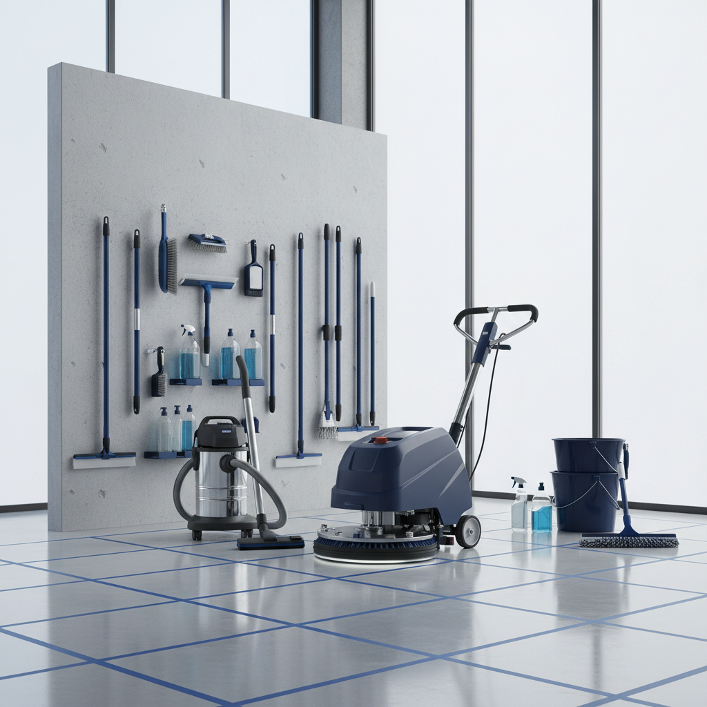 various professional cleaning tools and equipment arranged neatly, including a commercial vacuum, floor scrubber, and sp