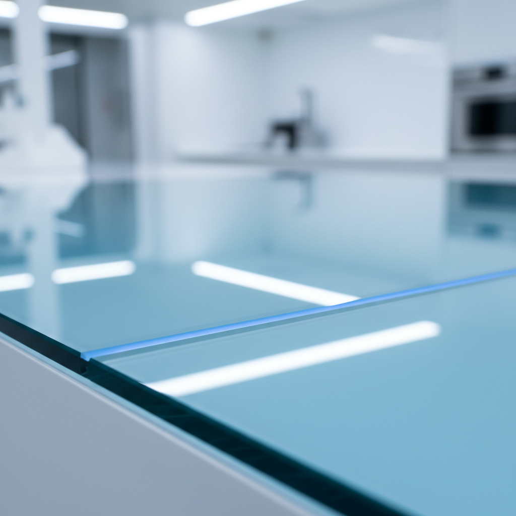 a close-up of a sparkling clean surface, perhaps a kitchen counter or office desk, showing reflections of light, with a