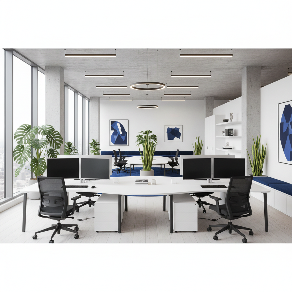 a modern, clean office space with ergonomic furniture and plenty of natural light, showcasing an impeccable environment,