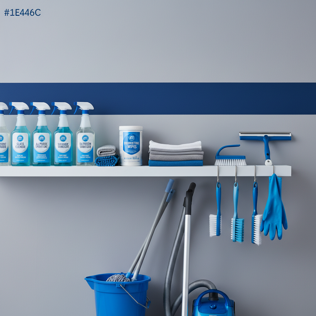various cleaning products and supplies neatly arranged on a clean shelf, emphasizing organization and readiness for a pr