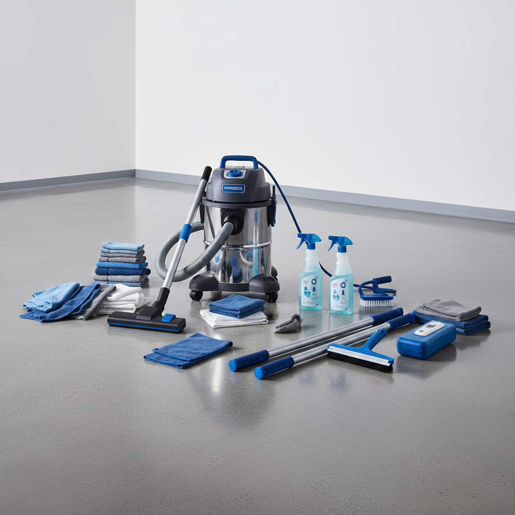 various specialized cleaning tools and equipment laid out on a clean floor, including a HEPA-filter vacuum, microfiber c