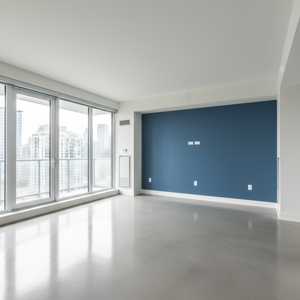 a modern condominium living room after deep cleaning, showcasing gleaming floors, polished surfaces, and spotless window