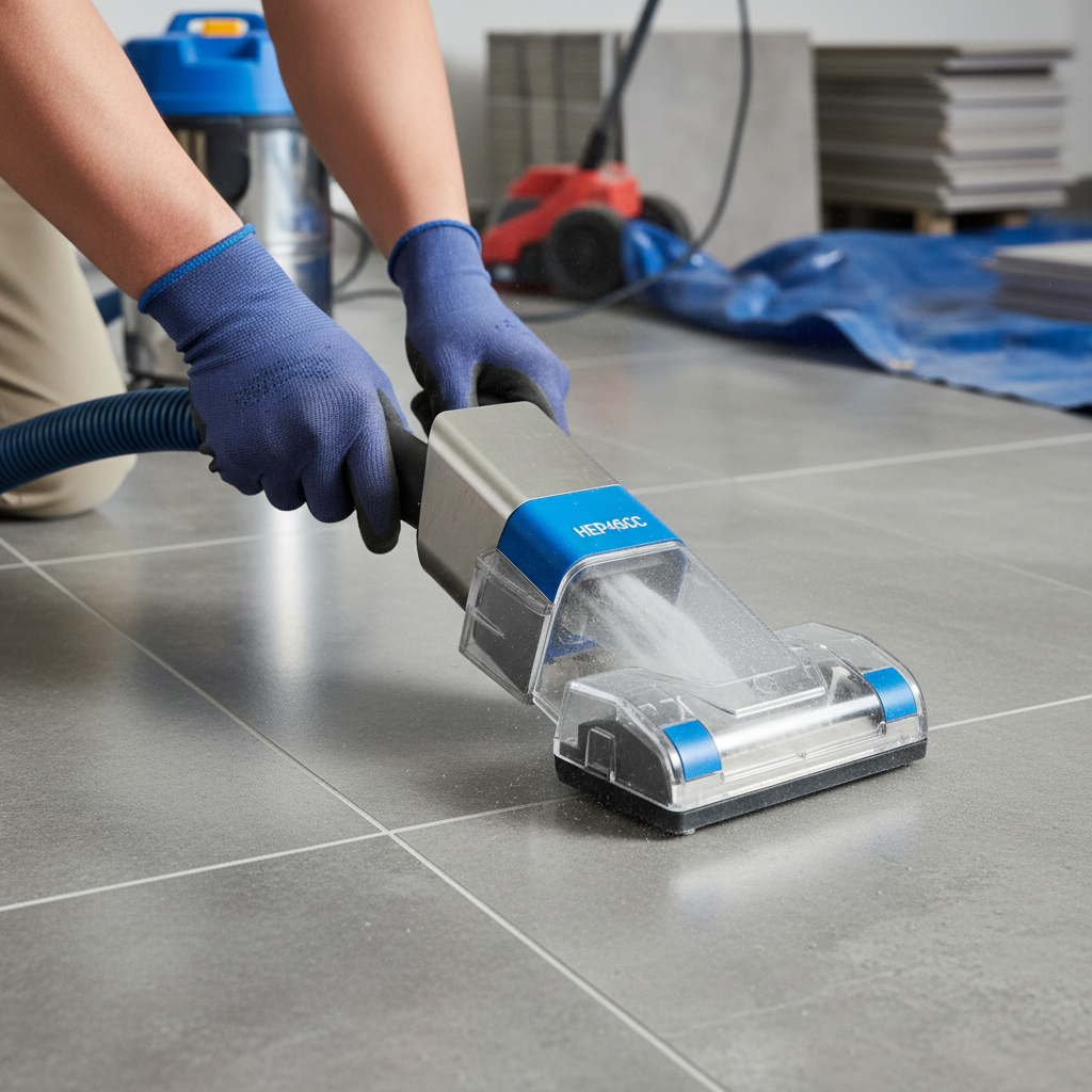 a close-up shot of a professional cleaning crew member (hands only, no face) meticulously vacuuming fine dust from a new