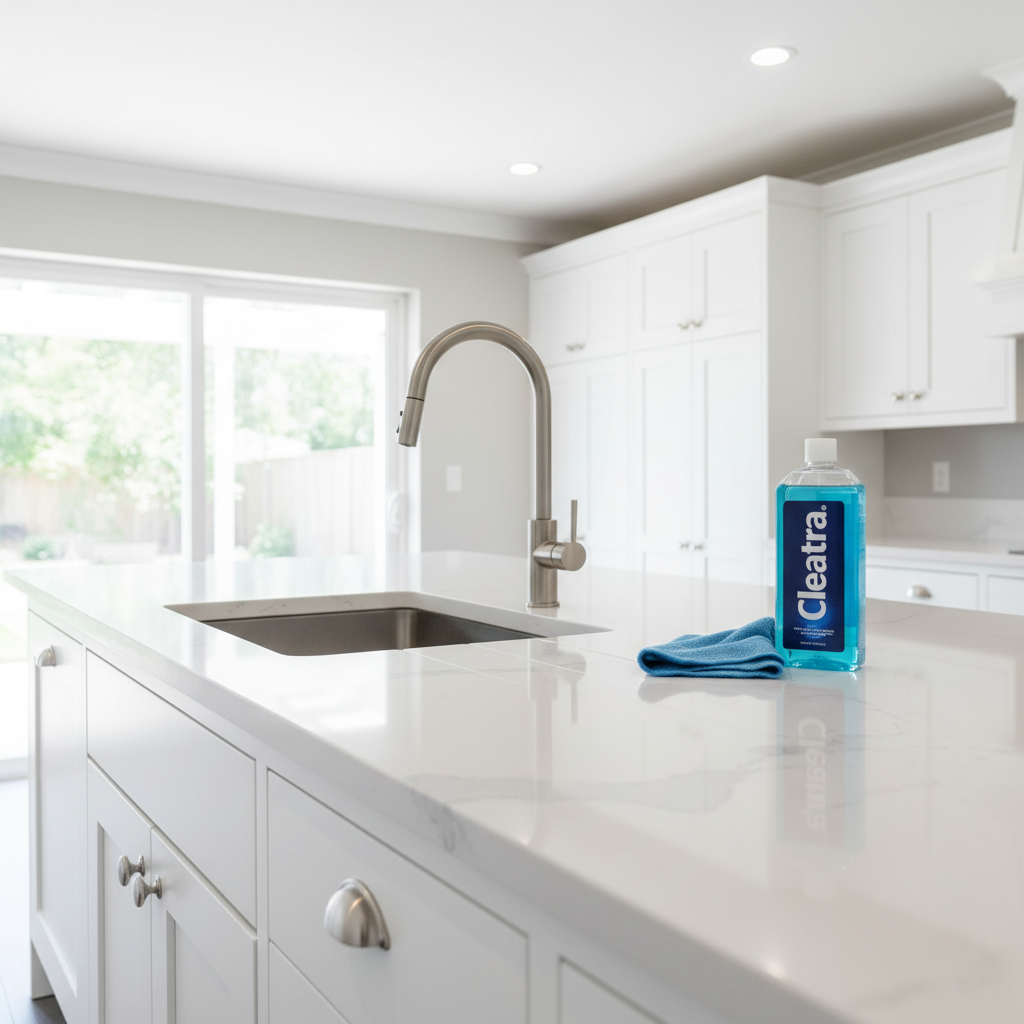 a clean and polished countertop in a freshly renovated kitchen, showcasing gleaming fixtures and spotless surfaces. A Cl
