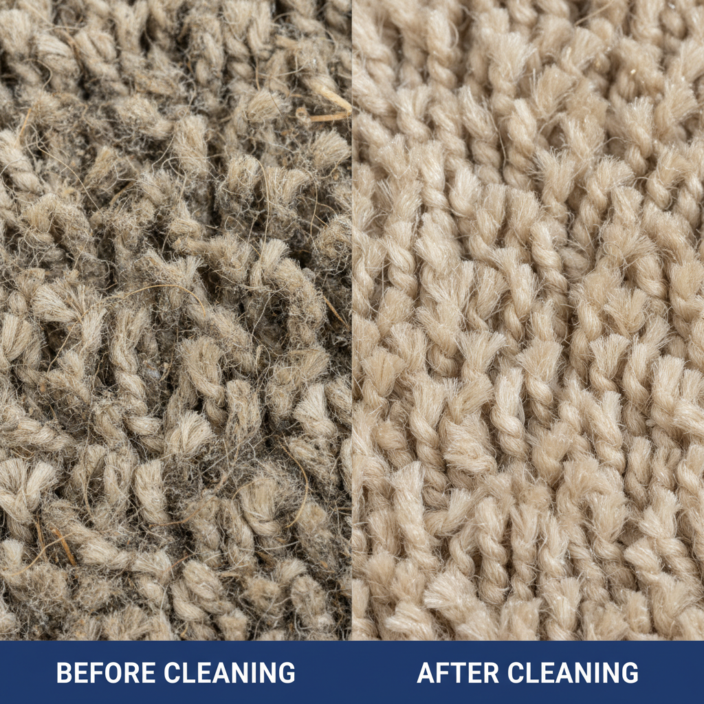 close-up of carpet fibers before and after cleaning, showing the dramatic difference in cleanliness and texture