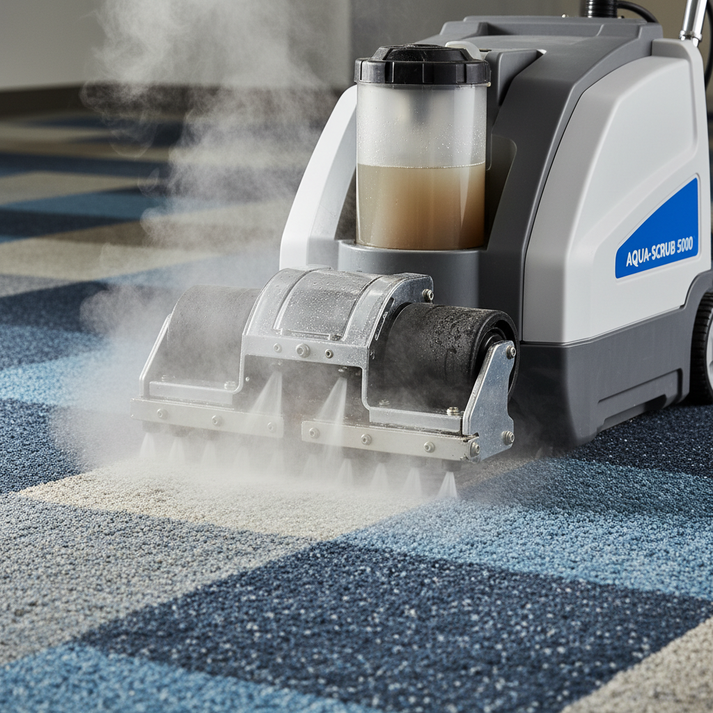 a professional carpet cleaning machine operating on a carpeted floor, showing water and steam in action