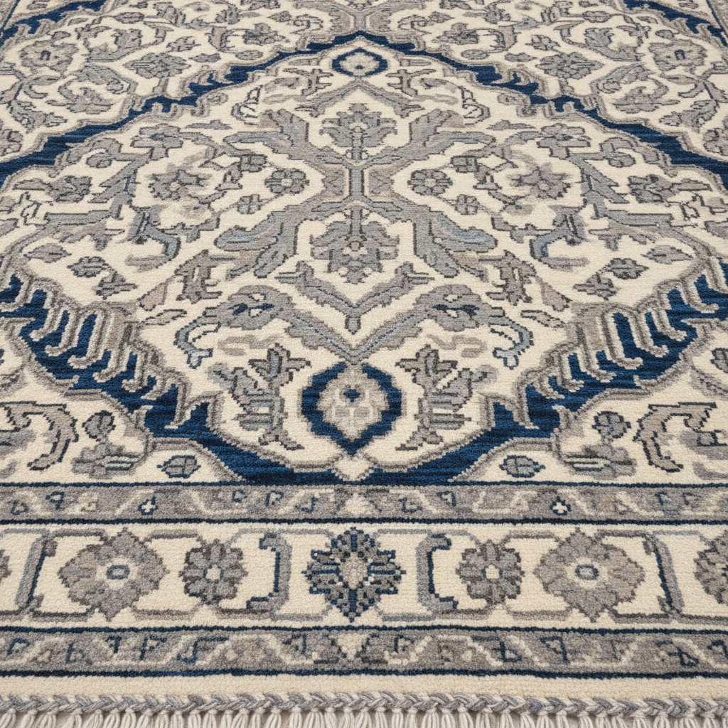 a close-up of a luxurious wool rug, showcasing its intricate patterns and texture, implying quality and care