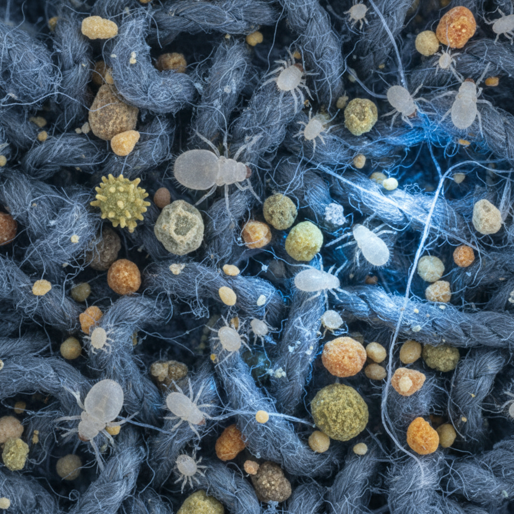 a microscopic view of dust mites and pollen grains among carpet fibers, illustrating the hidden contaminants removed by 