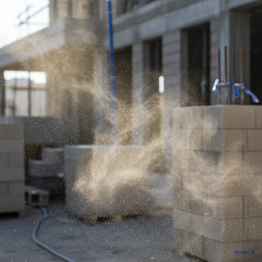 a close-up of a dust particle plume illuminated by a beam of light in a construction zone, illustrating the pervasive na