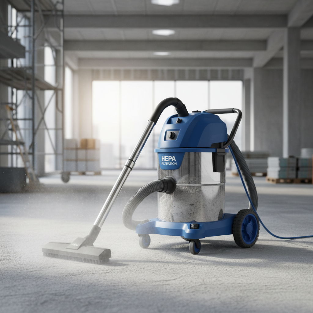 industrial-grade HEPA filter vacuum cleaner in operation, removing fine construction dust from a hard floor