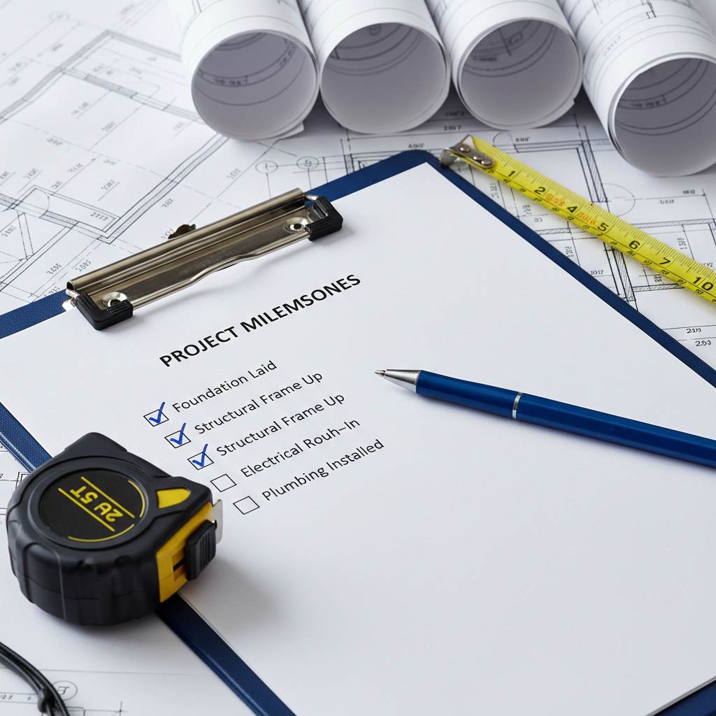 a clipboard with a checklist and a pen, on a background of construction blueprints and a tape measure, symbolizing metic