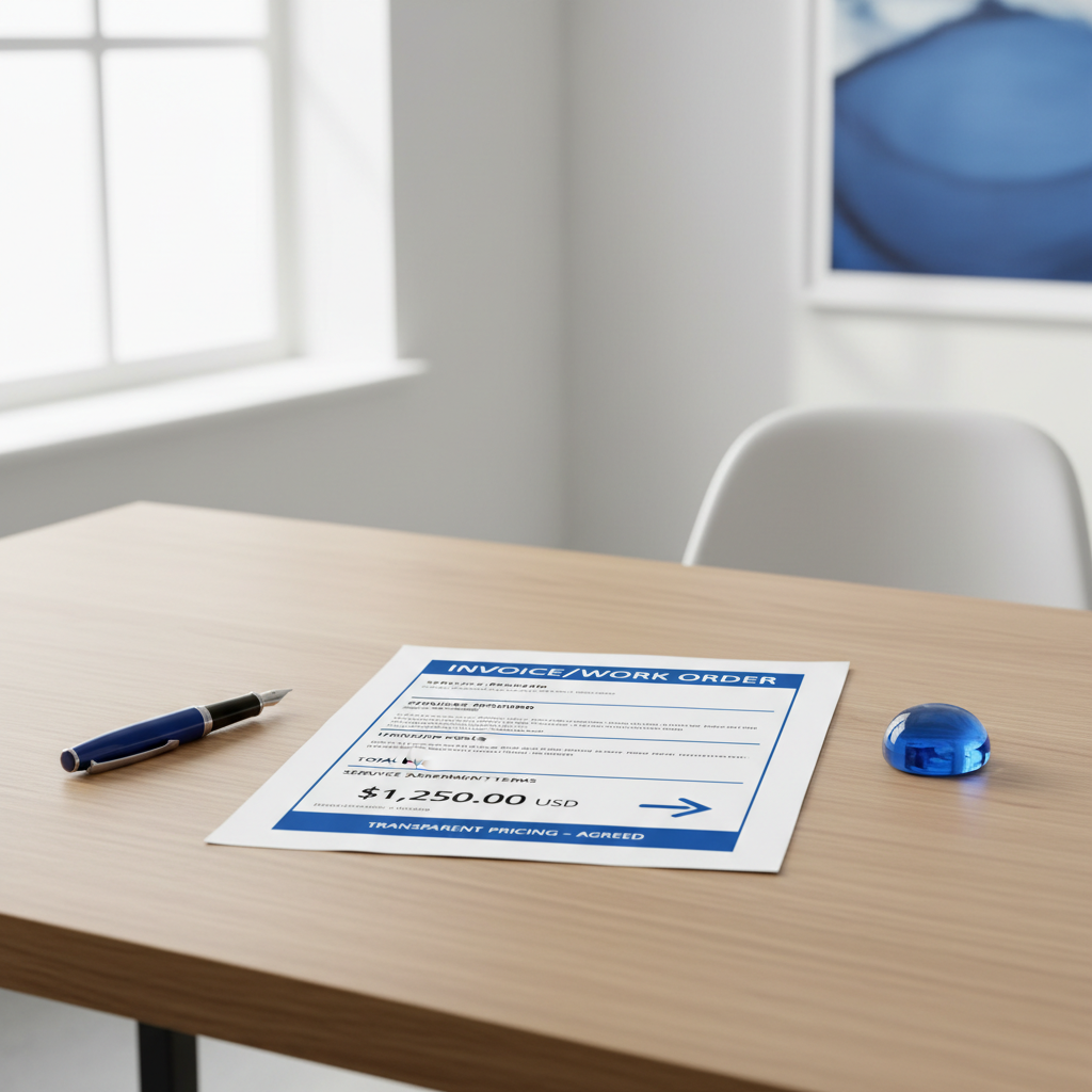 a clean, uncluttered invoice or work order on a pristine desk, symbolizing transparent pricing and clear service agreeme