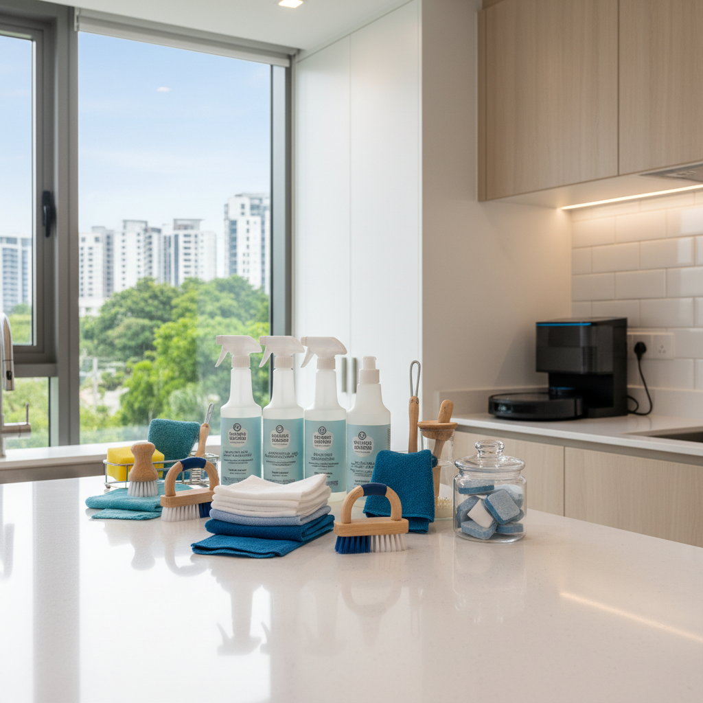 Cleaning supplies neatly arranged on a kitchen counter, sparkling with cleanliness. Include various brushes, sprays, and
