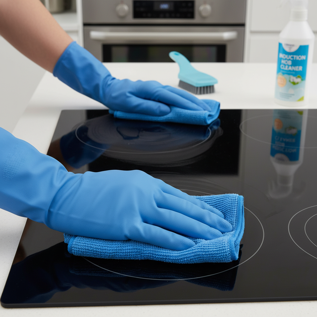A skilled cleaner in a professional uniform wiping down a kitchen induction hob, creating a streak-free shine. Focus on 