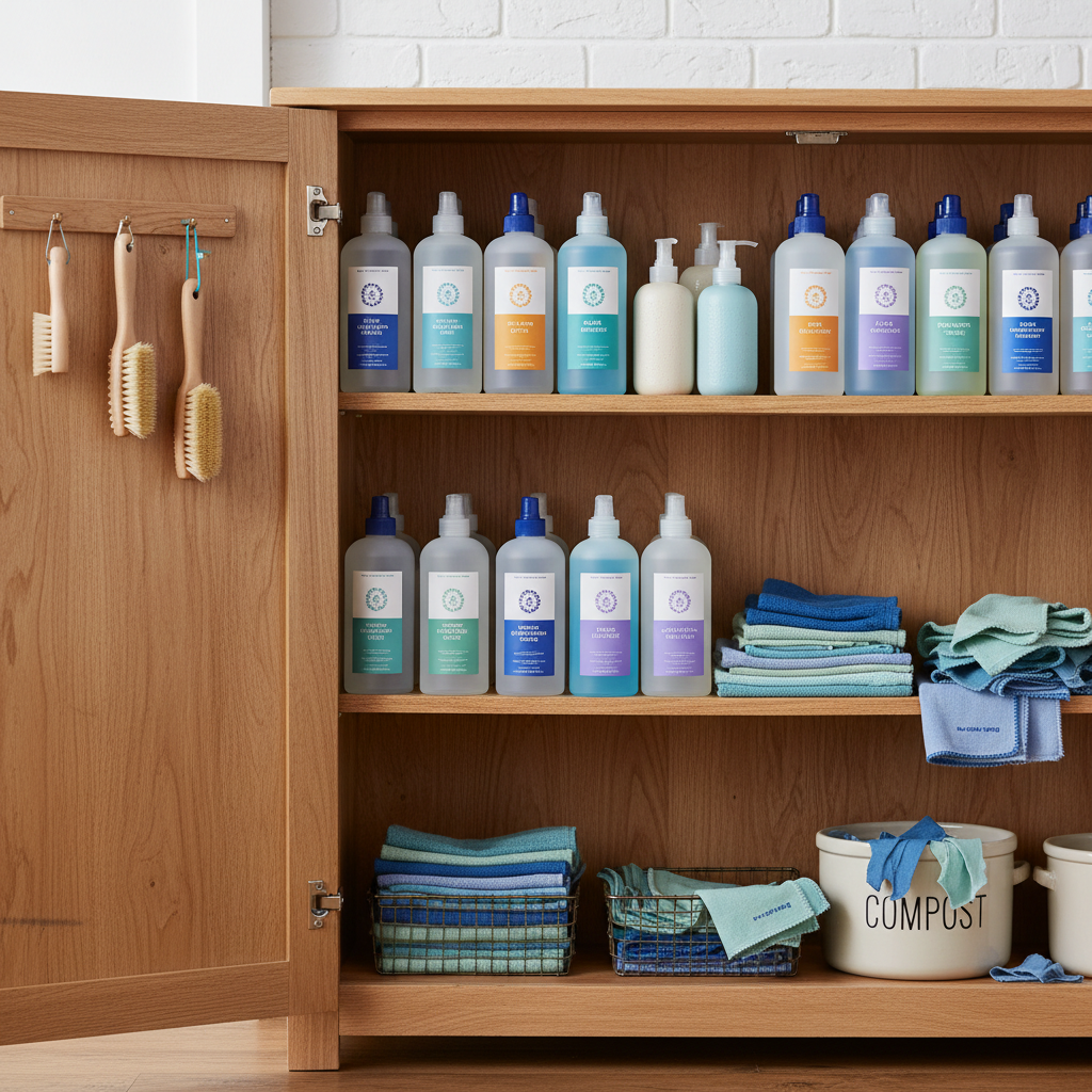 A neatly organized cabinet filled with eco-friendly cleaning bottles and reusable cloths, emphasizing sustainable practi
