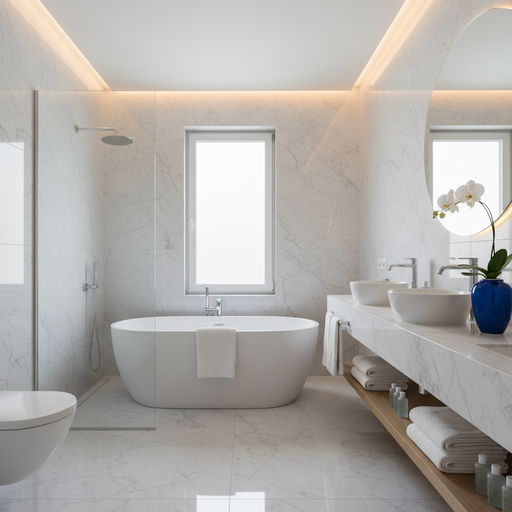 A pristine bathroom, sparkling clean with fresh white towels, reflecting a sense of calm and hygiene. Focus on clean sur