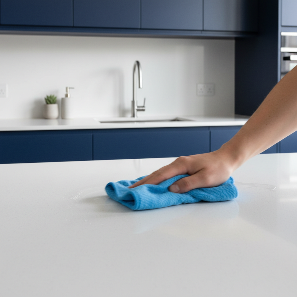 A hand quickly wiping a kitchen counter with a microfibre cloth, showing a small, effective cleaning action in a modern 