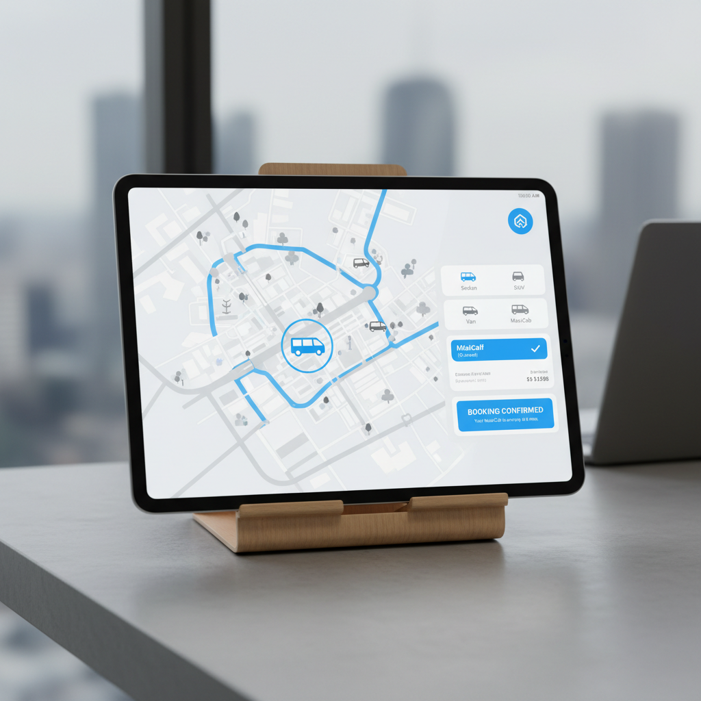 a digital booking interface on a tablet, showing a map with vehicle options and a confirmed booking for a maxicab servic - what is a maxi cab