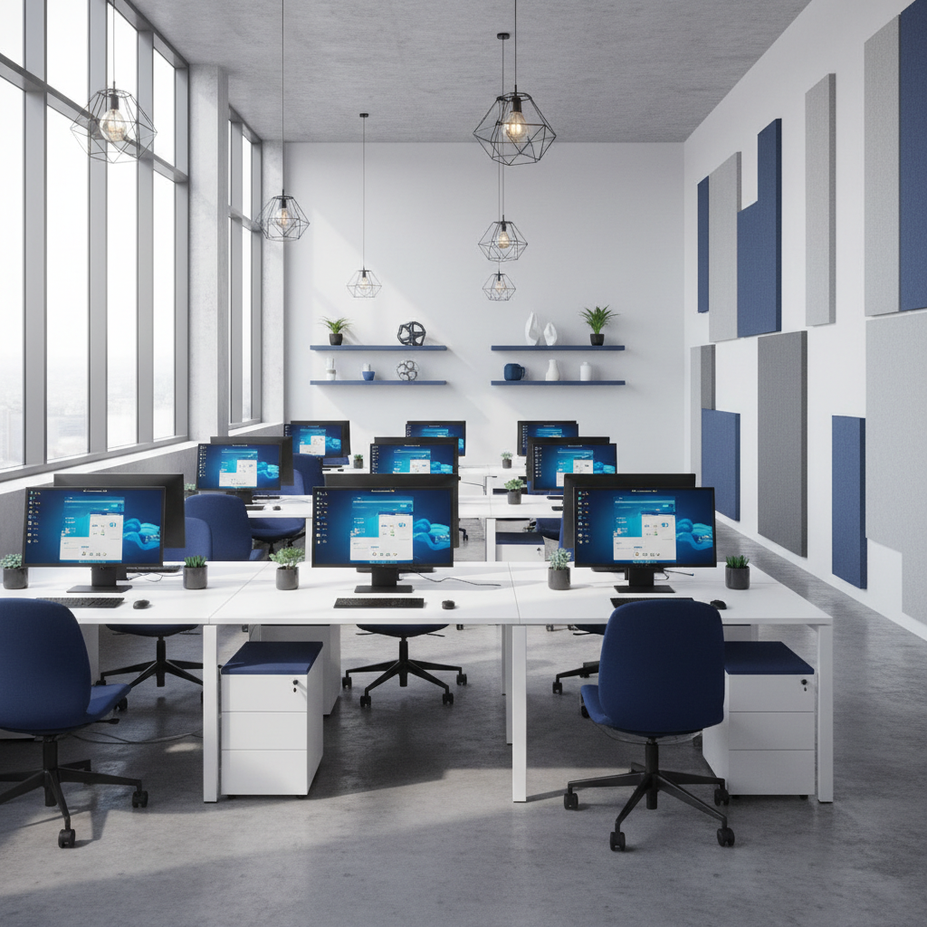a bright, modern open-plan office space with employees working at clean, organized desks, depicting a harmonious and eff