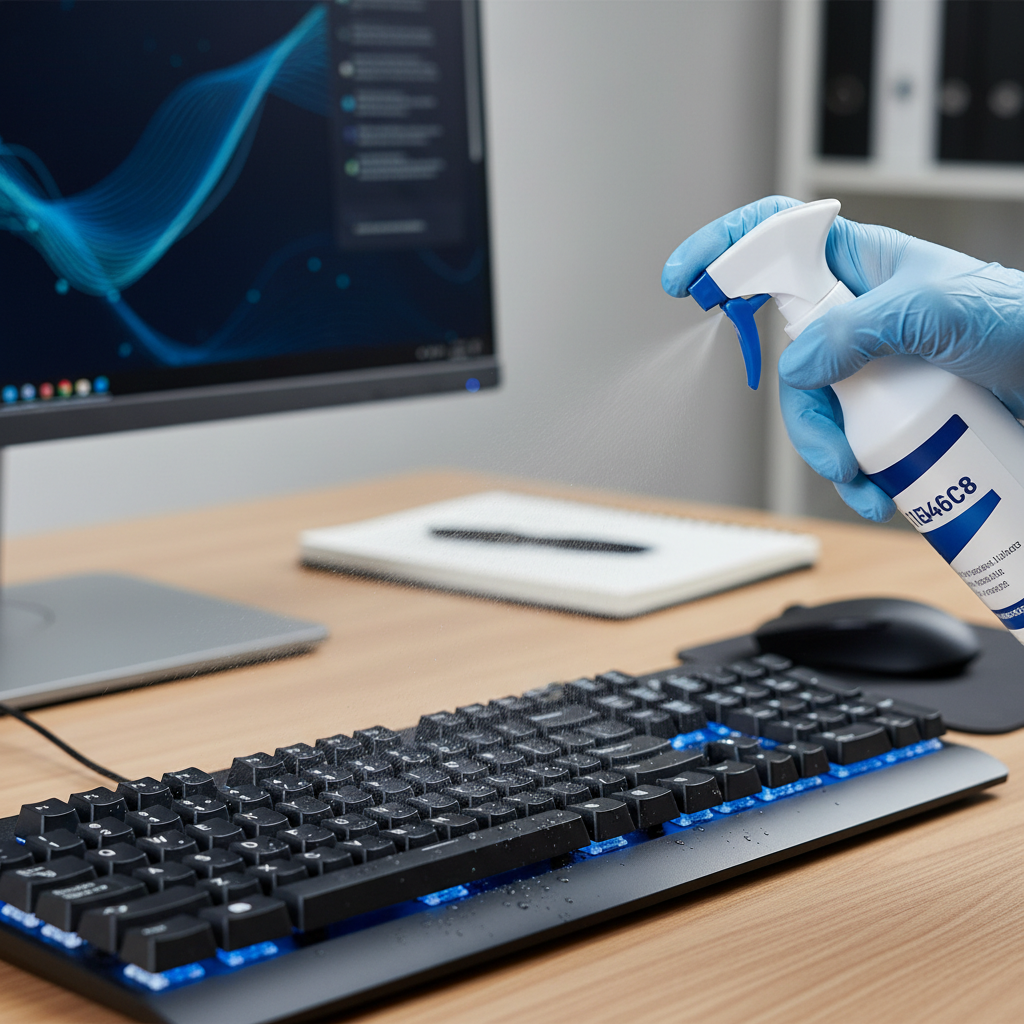 a close-up of a hand using a spray disinfectant on an office keyboard, emphasizing thorough sanitization practices