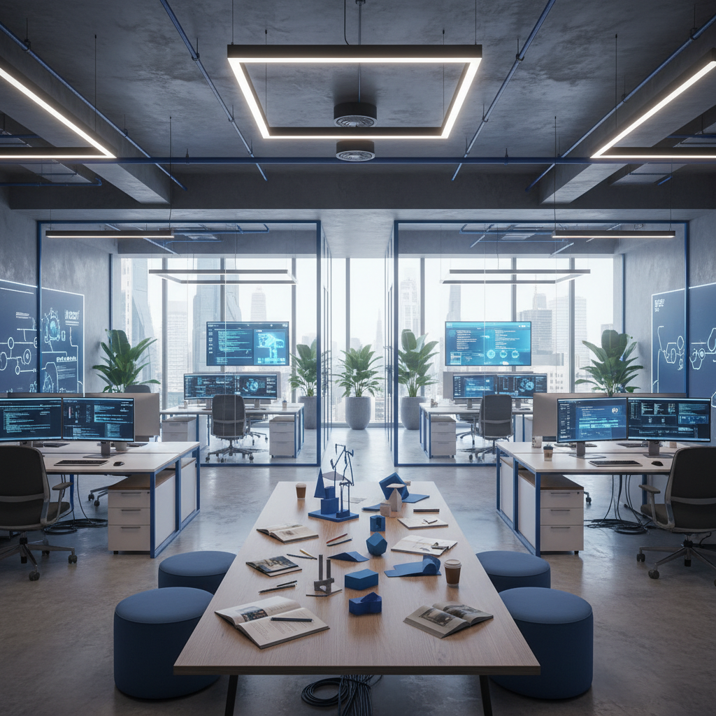 a bustling, clean office with modern architecture, showcasing employees working collaboratively in a well-maintained and