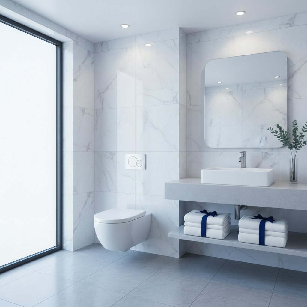 a clean, sparkling bathroom emphasizing hygiene, with a clean toilet, sink, and mirror, and fresh towels neatly folded.
