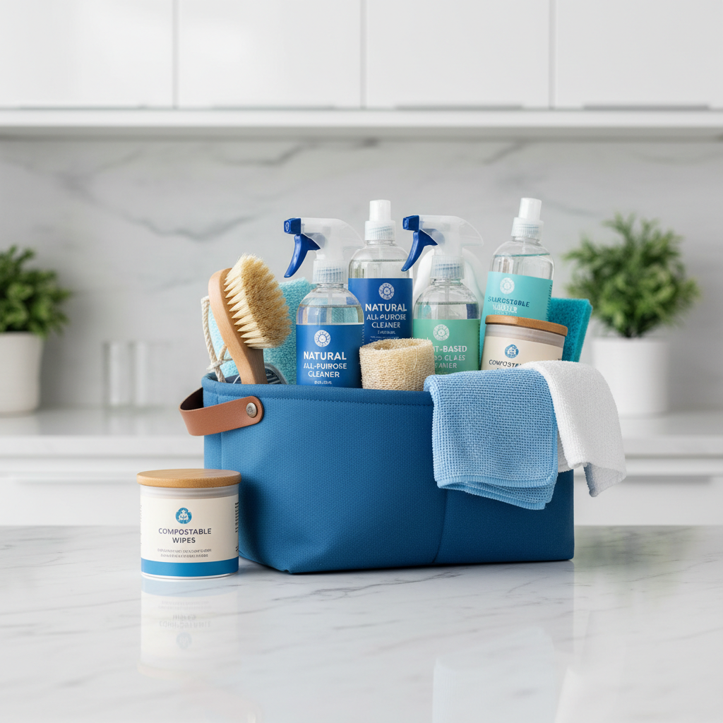 a close-up of a neatly organized cleaning caddy filled with various eco-friendly cleaning products and tools, sitting on