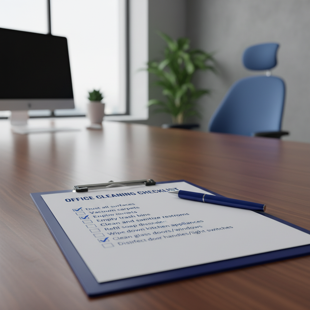 a detailed checklist on a clipboard showing various cleaning tasks for an office environment, with items ticked off.